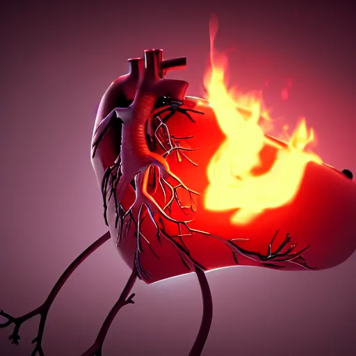 Image similar to dark art rendering of an anatomical heart with a flame inside, closeup, detailed, realistic, cinematic lighting, unreal engine, cgsociety, detailed, by HR Geiger