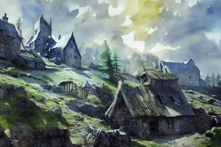 Image similar to paint brush strokes, abstract watercolor painting of village, within castle stone wall, medieval straw roof, scandinavian viking age, ambient lighting, art by hans dahl, by jesper ejsing, art by anders zorn, wonderful masterpiece by greg rutkowski, cinematic light, american romanticism by greg manchess, creation by tyler edlin