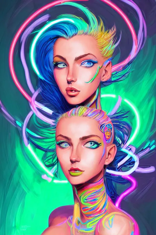 Image similar to a award winning portrait of a beautiful woman with stunning eyes in a one off shoulder croptop and cargo pants with rainbow colored hair, outlined by whirling illuminated neon lines and fine lines swirling in circles by jesper ejsing, digital art, trending on artstation