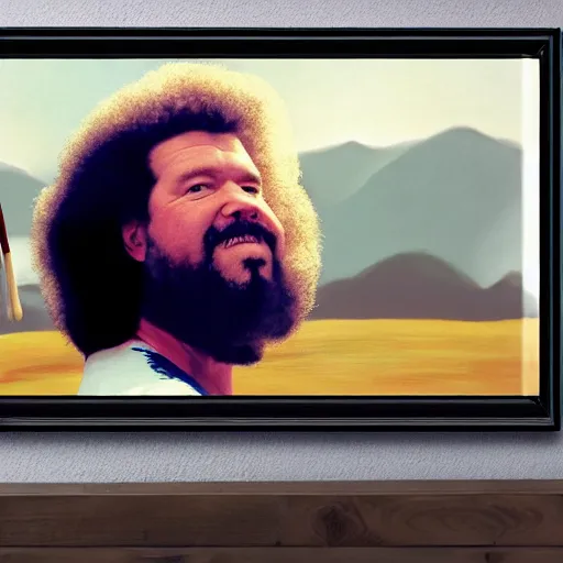 Prompt: a closeup photorealistic photograph of bob ross working on an image of kenny powers autographing a baseball, painting on a canvas. mountains and trees. film still. brightly lit scene. this 4 k hd image is trending on artstation, featured on behance, well - rendered, extra crisp, features intricate detail, epic composition and the style of unreal engine.