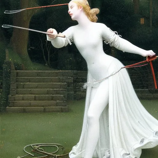 Prompt: Painting of Elle Fanning fencing, long blonde hair, delicate, pale milky white porcelain skin, by Edmund Leighton. 8K. Extremely detailed.