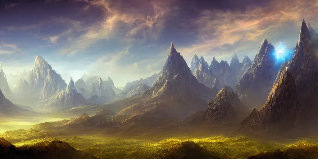 Image similar to The god-like landscape with mountains in the background, Sci-Fi fantasy desktop wallpaper, painted, 4k, high detail, sharp focus