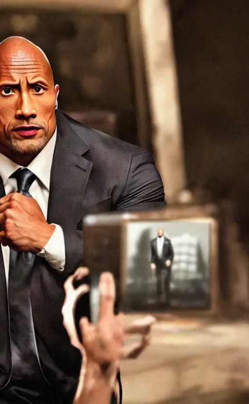 Image similar to dwayne johnson wearing a suit as the president of the united states, dynamic lighting, photorealistic fantasy concept art, trending on art station, stunning visuals, creative, cinematic, ultra detailed