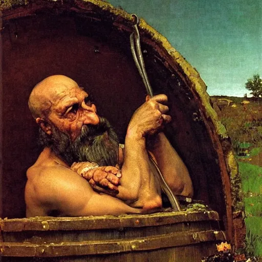 Prompt: Portrait Portrait of Diogenes the Cynic donning hobo costume whilst resting in an enormous wine cask winslow homer theodore gericault norman rockwell donato giancola john william waterhouse maxfield parrish mikhail vrubel arkhip kuindzhi astri lohne stained lacquer glaze