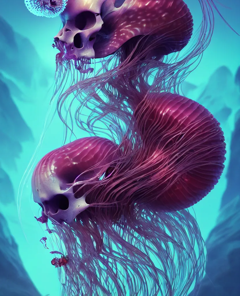 Image similar to goddess close-up portrait animal skull. jellyfish phoenix head, nautilus, orchid, skull, betta fish, bioluminiscent creatures, intricate artwork by Tooth Wu and wlop and beeple. octane render, trending on artstation, greg rutkowski very coherent symmetrical artwork. cinematic, hyper realism, high detail, octane render, 8k