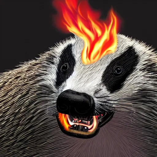 Prompt: smiling badger with billowing flames, photorealistic, incredibly detailed