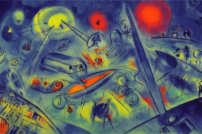 Image similar to a futuristic space port, painting by chagall, trending on artstation