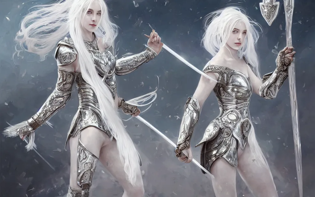 Image similar to white hair knights of zodiac girl, sliver ice color reflected armor, taekwondo vs fighting in ruined agora of athens sunrise, ssci - fi and fantasy, intricate and very very beautiful and elegant, highly detailed, digital painting, artstation, concept art, smooth and sharp focus, illustration, art by tian zi and wlop and alphonse mucha