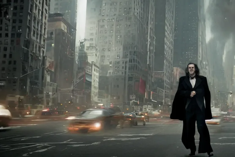 Image similar to vfx movie suave handsome grinning vampire with long white hair, trench coat, dual wielding large revolvers, ascending into the air in a shattered reality of new york city, by emmanuel lubezki