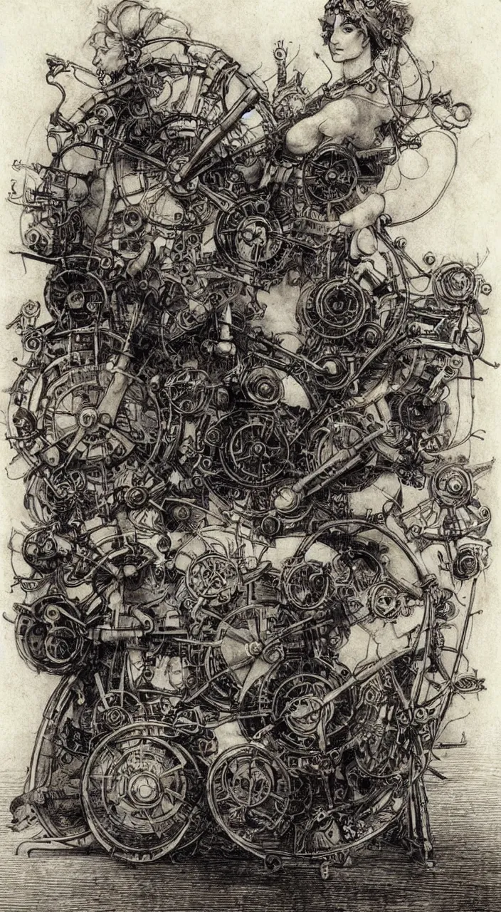 Image similar to Jean-Baptiste Monge and Alex Ross a artwork of leonardo da vinci sketches of steampunk machines