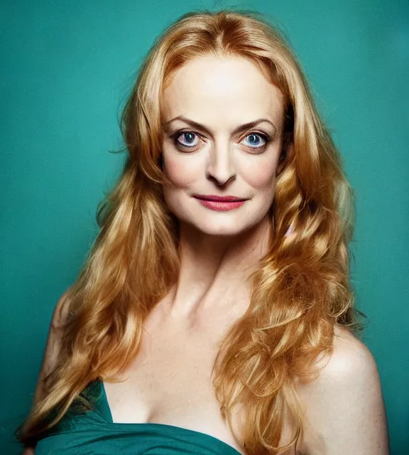 Prompt: beautiful portrait photo of Heather Graham, slight smile, photo by Annie Leibovitz, 85mm, teal studio backdrop, Getty images
