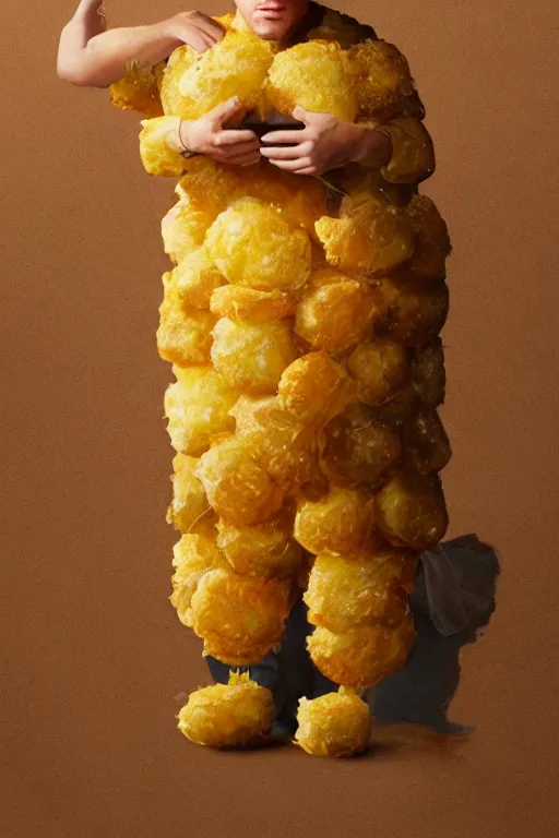 Image similar to channing tatum wearing a tater tot costume, oil on canvas, intricate, 8 k highly professionally detailed, hdr, cgsociety