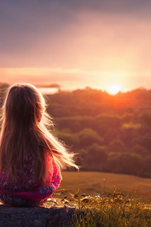 Prompt: little girl watching a sunrise, soft lighting, highly detailed,