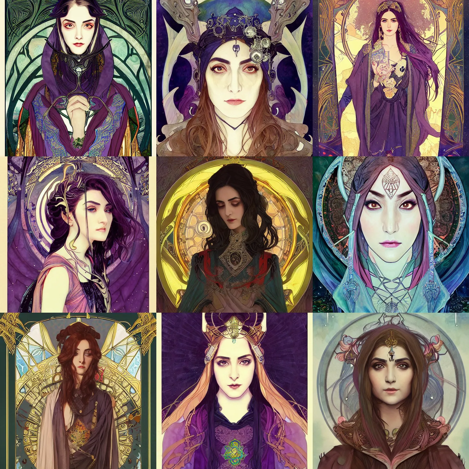 Prompt: masterpiece head-on symmetrical centered painted portrait, Maya Ali as D&D sorcerer, cell-shading art, watercolour Art Nouveau, wearing wizard robes, elegant, tarot card background, in the style of ROSSDRAWS and Ruan Jia and Ross Tran and Alphonse Mucha and Ayami Kojima and Charlie Bowater and Karol Bak and Jean Delville, rich bright colours