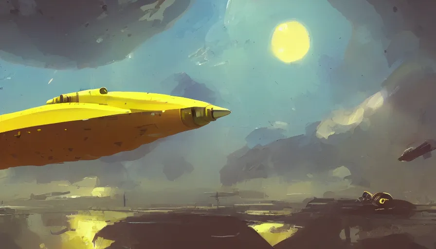 Prompt: a painting of a futuristic yellow submarine plane flying through the sky, concept art by Ian McQue, cgsociety, retrofuturism, artstation hq, concept art, sci-fi, wide angle