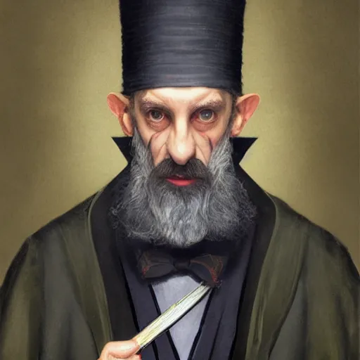 Prompt: Lord Havelock Vetinari as a dangerous, machiavellian, slytherin wizard, headmaster of Hogwarts, School of Witchcraft and Wizardry, detailed, hyperrealistic, colorful, cinematic lighting, digital art by Paul Kidby