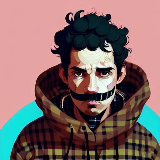 Image similar to highly detailed portrait of a sewer punk guy worker, thirties, black hair, brown eyes, small mustache, tartan hoody, short curly hair by atey ghailan, by greg rutkowski, by greg tocchini, by james gilleard, by joe fenton, by kaethe butcher, gradient pink, brown, light blue and white color scheme,