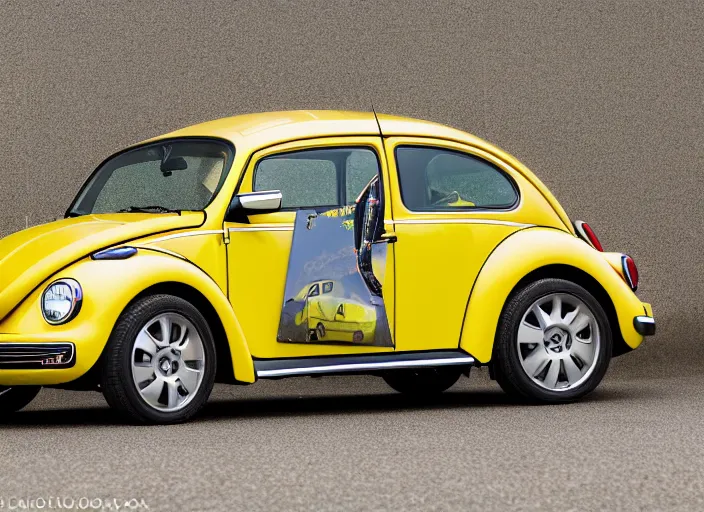 Image similar to a professional photograph of a yellow beetle Volkswagen car, car magazine XF IQ4, f/1.4, ISO 200, 1/160s, 8K, RAW, unedited, symmetrical balance, in-frame