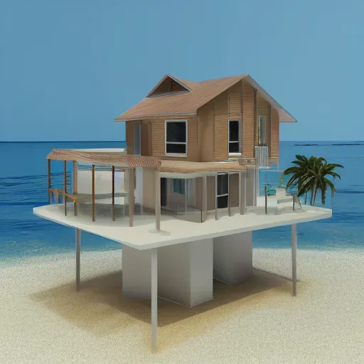 Prompt: “ a realistic model of a house floating on the beach of miami, 8 k render ”