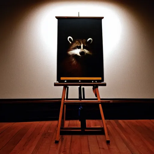 Prompt: A single beam of light enter the room from the ceiling. The beam of light is illuminating an easel. On the easel there is a Rembrandt painting of a raccoon.