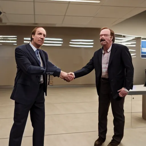 Image similar to Saul goodman and walter white shaking hands at a WHO conference , perfect faces , 8k UHD , Medium shot , award winning