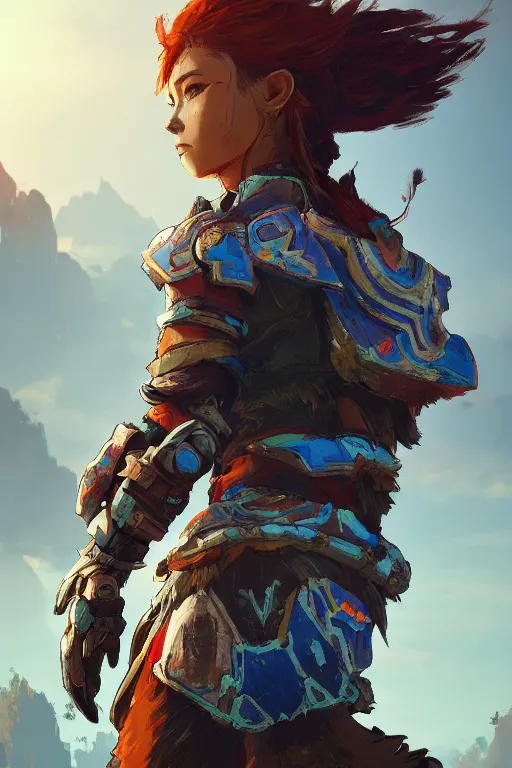 Image similar to combination suit armor aloy horizon forbidden west horizon zero dawn radiating a glowing aura global illumination ray tracing hdr fanart arstation by ian pesty and alena aenami artworks in 4 k tribal robot ninja mask helmet backpack