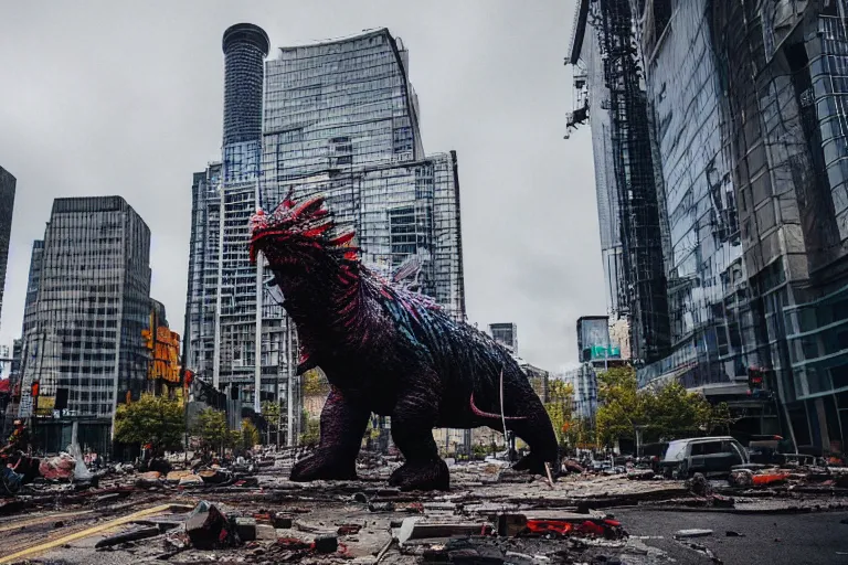 Prompt: Ominous still of Kaiju Behemoth roaming through devastated Toronto downtown district, chaotic riots in 2022, Canon EOS R3, f/1.4, ISO 200, 1/160s, 8K, RAW, unedited, symmetrical balance, in-frame, documentary photography, colorful