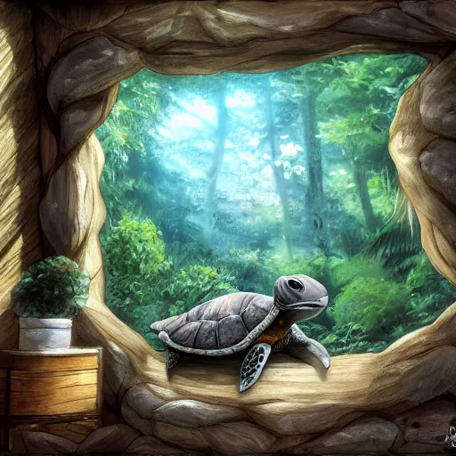 Prompt: cute turtle in bed looking through a large window at a scenic forest brook, digital art painting, 8k, 4k, studio ghibli, gorgeous atmosphere, highly detailed -W 1024 -H 432 -n 3 -i -s 150