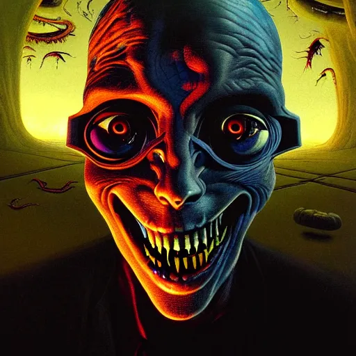 Image similar to illustration for a sci - fi contemporary horror novel called'eye - full of teeth ', a high quality high detail painting by david mattingly and alan lee and john zeleznik and dave mckean and richard corben, hd 4 k 8 k, realistic hyperdetailed scene painting, photorealistic lighting, modern supernatural urban horror aesthetic.