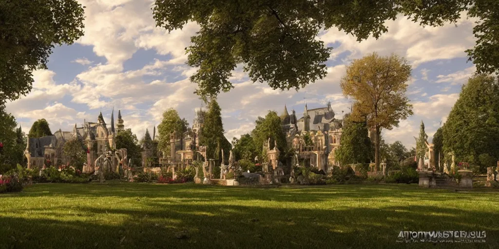 Prompt: gothic, mansion, few clouds, dawn, flowerbeds, trees, french garden, ornate fountain, nobles walking around, god rays, realistic, cinematic lighting, very detailed, very ornate, volumetric, by artstation, artemisia gentileschi, wide angle