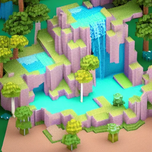 Image similar to a beautiful waterfall, 3 d voxel art, pastel tones