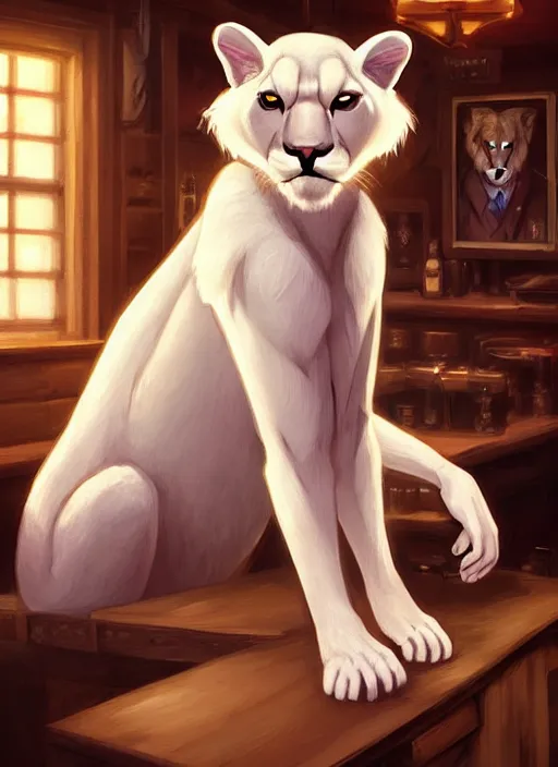 Prompt: beautiful portrait commission of a male furry anthro albino mountain lion wearing a dress shirt in an old-timey Saloon. Atmospheric. Character design by charlie bowater, ross tran, artgerm, and makoto shinkai, detailed, inked, western comic book art