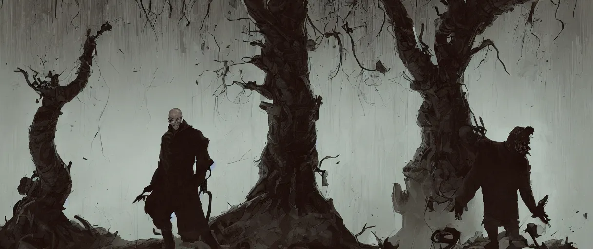 Prompt: duotone comic noir illustration portrait of gaunter o'dimm bald man with demonic stare wearing medieval merchant clothes light brown tunic sitting below willow tree in a foggy evening by sachin teng and sergey kolesov and ruan jia and heng z. graffiti art, scifi, fantasy, hyper detailed. octane render. concept art. trending on artstation