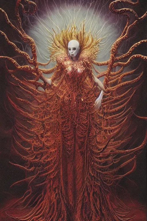 Image similar to cosmic horror eldritch lovecraftian full body portrait of eva green as the emerald queen of feathers by wayne barlowe, agostino arrivabene, denis forkas