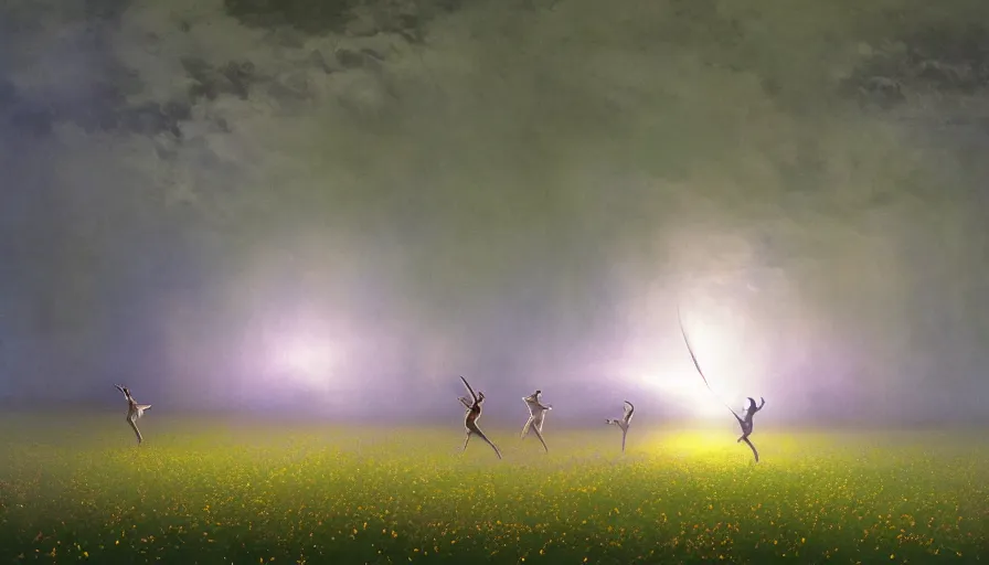 Prompt: dancers in white dancing across a flower meadow the moonlit dance of the fae by wojciech siudmak and ivan aivazovsky, contemporary dancers dancing artistic photography movement photorealistic volumetric cinematic light, award - winning