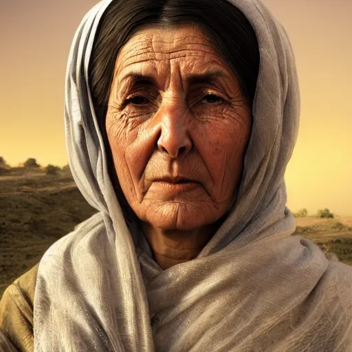 Image similar to hyperrealistic mixed media high resolution image of a beautiful Kurdish grandmother, stunning 3d render inspired art by István Sándorfi and Greg Rutkowski and Unreal Engine, perfect symmetry, dim volumetric lighting, 8k octane beautifully detailed render, post-processing, extremely hyper-detailed, intricate, epic composition, highly detailed attributes, highly detailed atmosphere, full body shot, cinematic lighting, masterpiece, trending on artstation, very very detailed, masterpiece, stunning, flawless structure, lifelike texture, perfection,