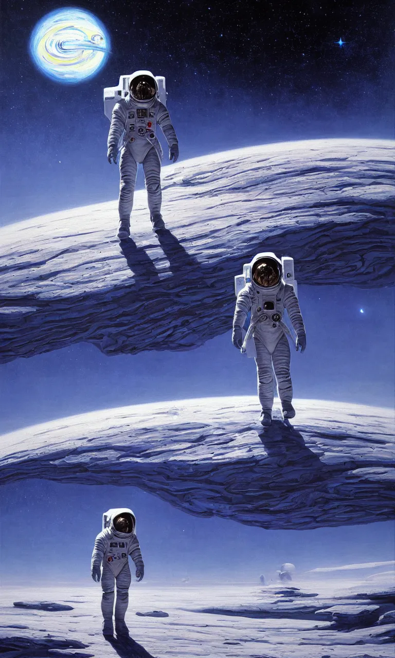 Image similar to an epic painting of a futuristic astronaut walking along an airless icy planet in the endless starry night of space, unreal 5, DAZ, detailed, soft focus, brilliant, 4k, 8k, HD, trending on artstation, art by Rick Guidice painting by Robert McCall by John Harris, abstract