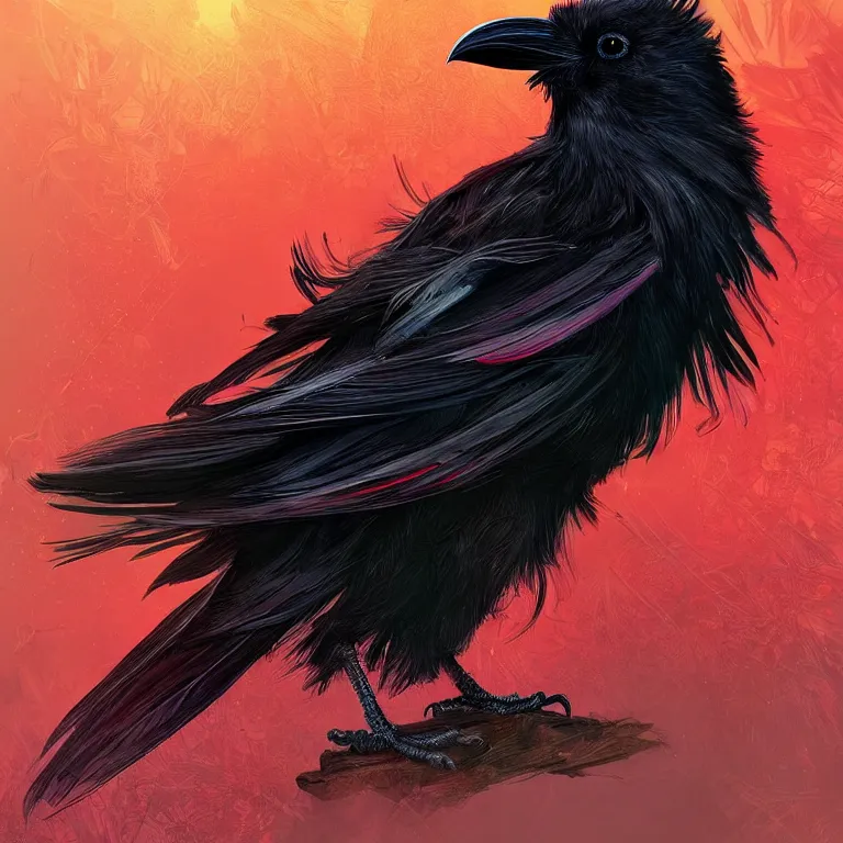 Image similar to beautiful black raven bird with long red feather highlights, cute, intricate, highly detailed, digital painting, trending on artstation, concept art, smooth, sharp focus, backlit, rim light, vivid colors, illustration, unreal engine 5, 8 k, art by rossdraws and alphonse mucha