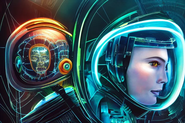 Prompt: portrait of a biomechanical head inside a futuristic space helmet, organic transistors, neon cables, tron highlights, white metal, iridescent visor, smooth, sharp focus, high detail, art by Artgerm and Raymond Swanland,