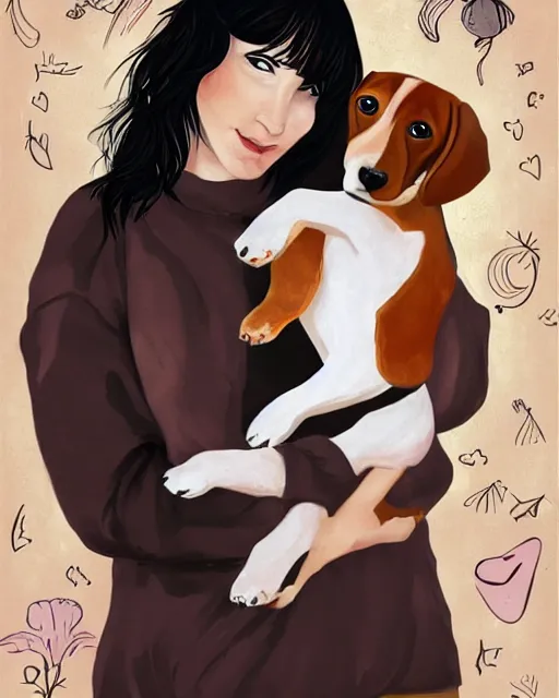 Image similar to happy birthday postcard in a style of Neil Gaiman book , black haired girl holding a beagle puppy, trending on artstation, 8k, highly detailed