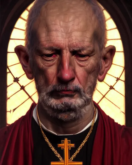 Image similar to realistic portrait of a nasty bishop, cross, evil, heroic pose, beautiful face, bible, full body, dramatic lighting, intricate, wild, highly detailed, digital painting, artstation, concept art, smooth, sharp focus, illustration, art by artgerm and greg rutkowski and alphonse mucha, footage from space camera