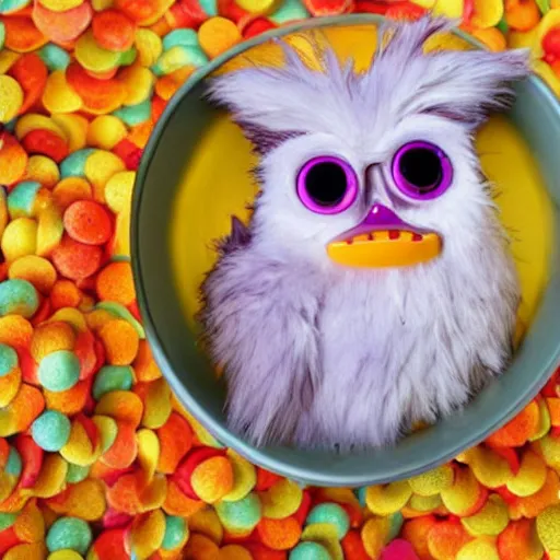 Image similar to Furby submerged in a bowl of alphabet soup