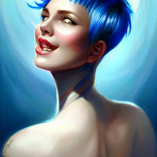 Image similar to a beautiful painting of a smiling woman with stylish short blue hair and sparkling blue eyes representative of the art style of artgerm and wlop and peter mohrbacher