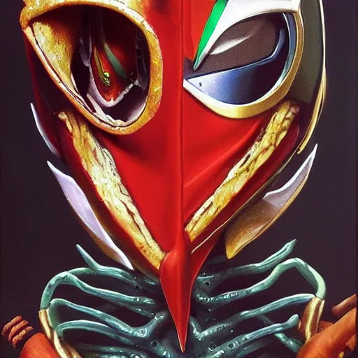 Prompt: a realistic painting by Raffaello Sanzi depicting the Kamen Rider Ichigo with the head of the symbiotic Venom in the Renaissance.