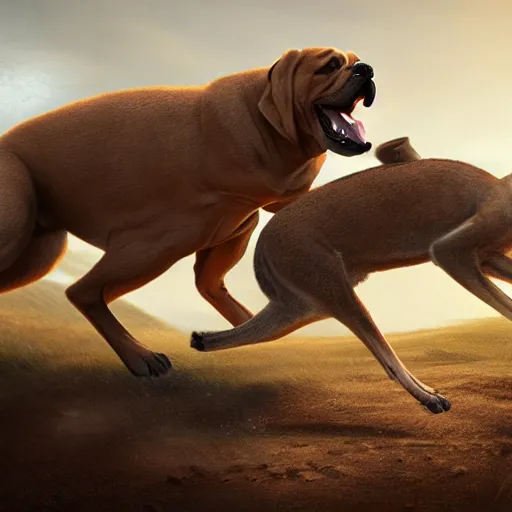 Prompt: a boerboel mastiff running, a kangaroo being chased, detailed, intricate, by jessica rossier