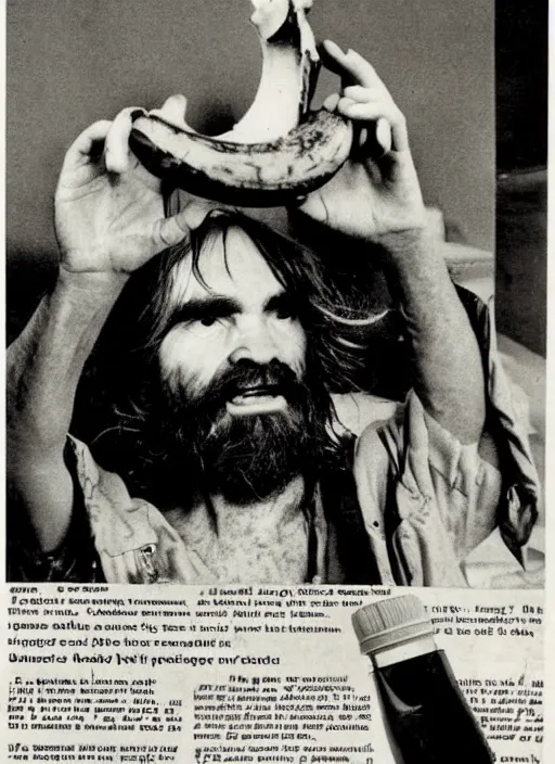 Image similar to vintage pharamaceutical magazine advertisement depicting charles manson slipping on a banana peel