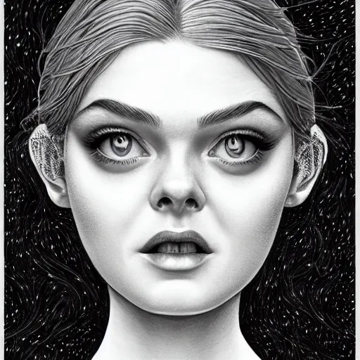 Image similar to professional painting of Elle Fanning in the style of Joe Fenton, head and shoulders portrait, symmetrical facial features, smooth, sharp focus, illustration, intricate, stormy weather, extremely detailed masterpiece,