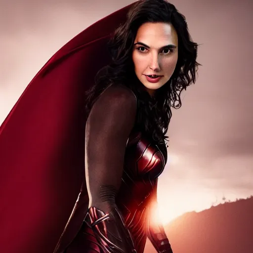 Image similar to Full body photo of the beautiful woman Gal Gadot a vampire, she is quiet, she has a black cape, there is a red glow coming from her, she is getting ulluminated by the red full moon, the photo was taking by Annie Leibovitz, matte painting, oil painting, naturalism, 4k, 8k