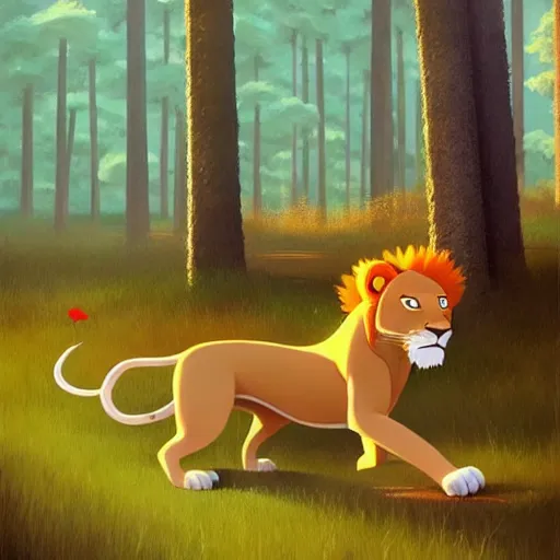 Image similar to goro fujita ilustration a ( ( ( real life lion ) ) ) walking in the forest, painting by goro fujita!!!, sharp focus, highly detailed, artstation