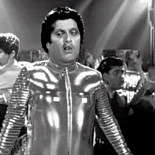 Image similar to A movie still of Mussolini wearing a disco suit in Satuday Night Fever